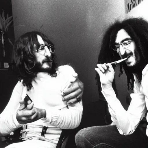 Image similar to john lennon smoking a joint with bob Marley, photograph by Willy Spiller, 1970s