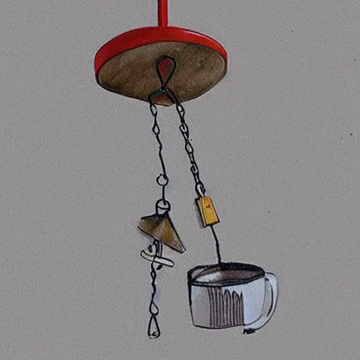 Image similar to This is a sketch of a wind chime made from the pieces of a broken mug. It shows the mug handle as the top piece with strings attached to it, and the bottom pieces of the mug hanging down like little bells, sketch, illustration