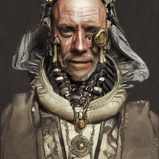 Image similar to portrait, headshot, digital painting, of a old 17th century, old cyborg merchant, amber jewels, baroque, ornate clothing, scifi, realistic, hyperdetailed, chiaroscuro, concept art, art by Franz Hals and Jon Foster