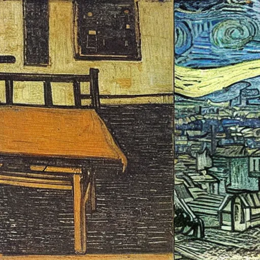 Prompt: a pencil with a broken lead, by leonardo da vinci. a cup of coffee on a table, by vincent van gogh. a painting of a cityscape, by piet mondrian.