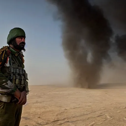 Prompt: kurdish military general in a movie directed by christopher nolan, movie still frame, promotional image, imax 7 0 mm footage, strong and imposing