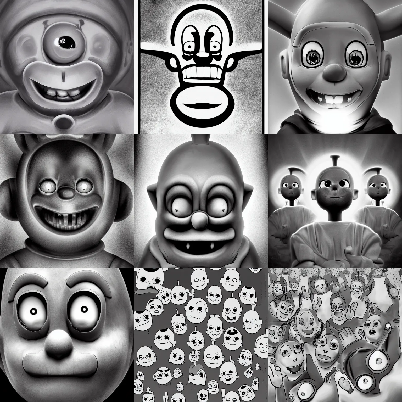 Prompt: evil teletubbies portrait, horror, very very very very scary, black and white, scp foundation, digital art, concept art, trending on artstation
