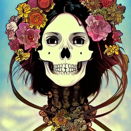 Image similar to manga skull portrait girl female skeleton realism hyperrealistic art Geof Darrow and will cotton alphonse mucha pop art kawaii