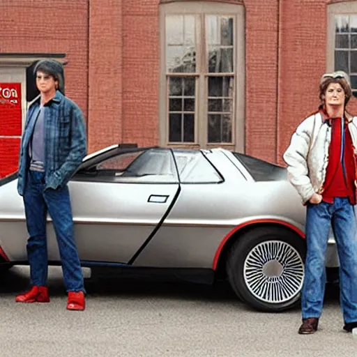 Image similar to Doc and Marty McFly standing in front of their delorian car, in the style of Futurama