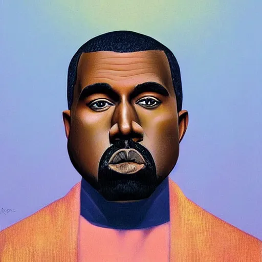 Image similar to very detailed portrait of kanye west backlit by a bright sky behind him, with very soft shading. painted by rene magritte, 1 9 2 7. oil on canvas.