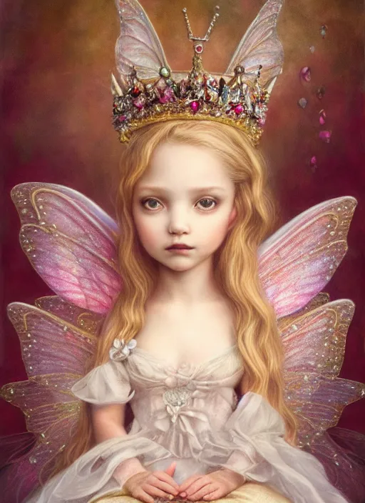 Prompt: highly detailed closeup portrait of a fairy princess wearing a crown and sitting on a throne, nicoletta ceccoli, mark ryden, lostfish, earl nore, global illumination, god rays, detailed and intricate environment