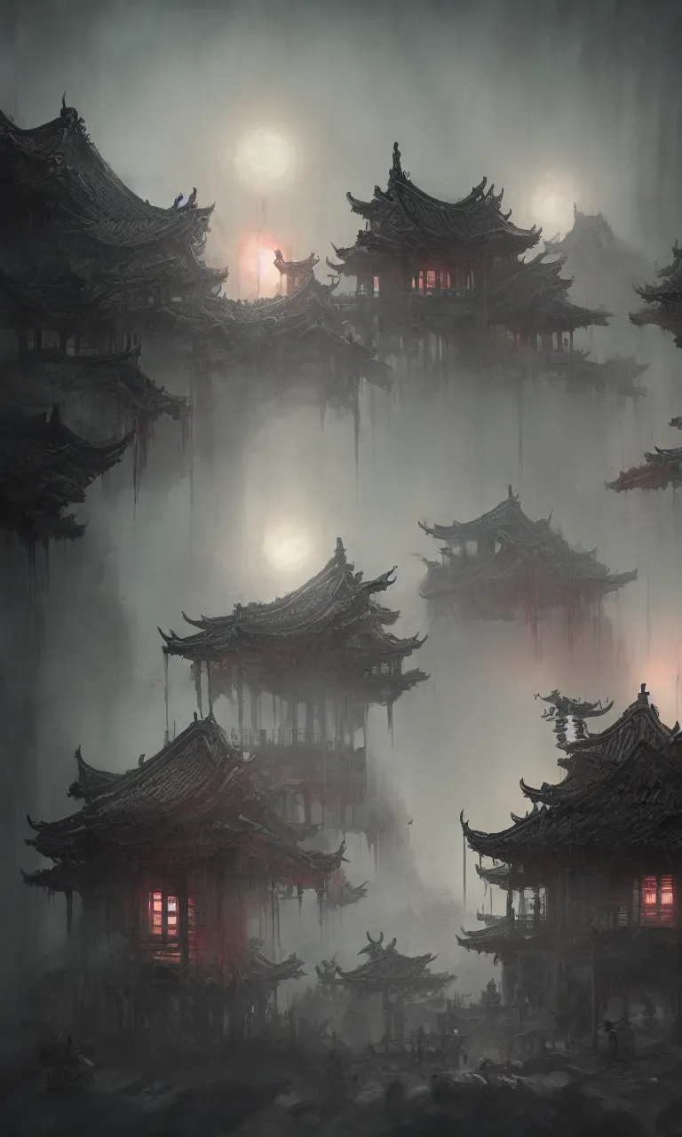 Prompt: chinese horror detailed art, house of the deceased, cinematic view, detailed, concept art, high detail, dark fantasy lighting, volumetric, trending on artstation, art greg rutkowski