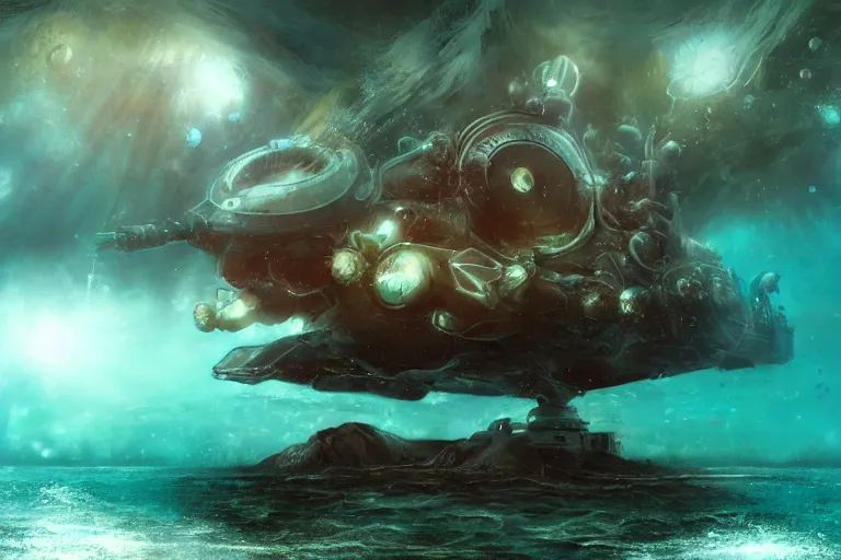 Prompt: deviant art, metal submarine underwater in the lake of an alien planet, detailed, artstation, by kim keever, digital art