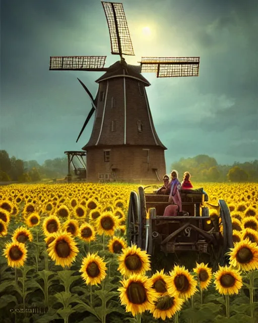 Image similar to epic portrait cinematic shot an windmill standing in a sunflower field, sunny day, village in the backround, carriage, fine details. night setting. realistic shaded lighting poster by craig mullism, artgerm, jeremy lipkin and michael garmash, unreal engine, radiant light, detailed and intricate environment, digital art, trending on art station,