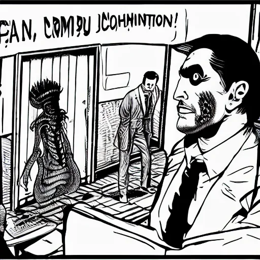 Image similar to Cthulhu as a modern day business man with a family and a drug and gambling addiction, necronomicon is the family Bible , Junji Ito and Greg rutkowski, psychedelic , 50s style infomercial , award winning , retro futuristic