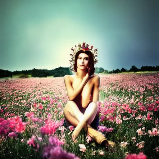 Prompt: Fine art photo of the most beautiful woman, she is turquish, she is posing while maintain a sweet eye contact to the camera, she has a crown of flowers, she has perfect white teeths, she is sitting on a field of lavader, she is getting ulluminated by the rays of the sunset, the photo was taking by Annie Leibovitz, Ellie Victoria Gale, Steve McCurry, matte painting, oil painting, naturalism, 4k, 8k