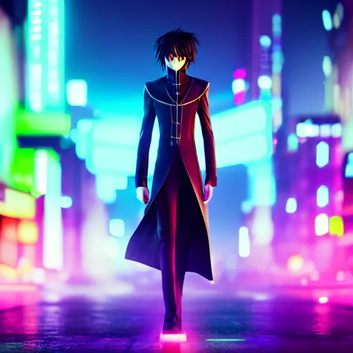 Image similar to Lelouch Lamperouge in a neon city, octane render 8k, atmospheric render, myserious man, professional render, volumetric light, artstation, redshift render, low angle camera, eccentric face