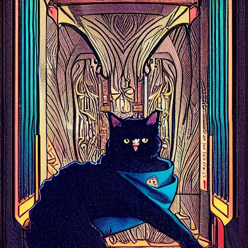 Image similar to a cat wearing a hooded cloak, in an elevator with art nouveau neon panelling, by moebius and james gurney and james jean and greg rutkowski, 8 k