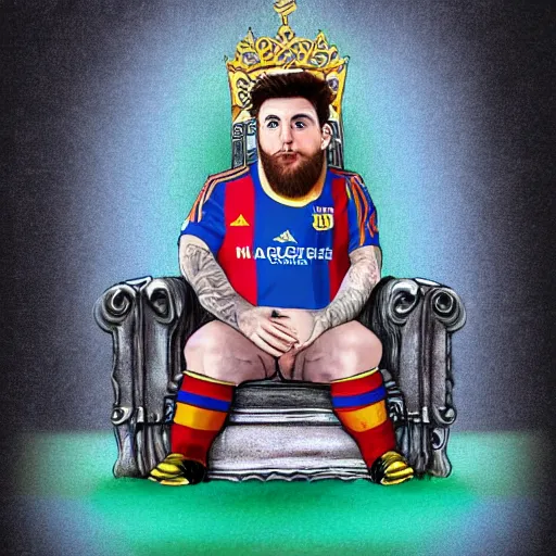 Image similar to dwarf messi sitting on a throne with argentina shirt, digital drawing, fantasy