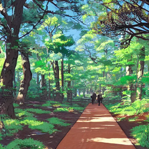 Prompt: deep muddy forest on a sunny day walkway panorama, blooming, very traditional gouache painting gouache by makoto shinkai pixar disney kyoto animation