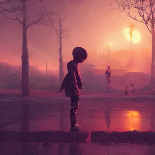 Image similar to digital painting of child playing with a huge humanoid robot in a park, sunset, a dark dystopian city behind a huge wall, dystopian, stunning, cinematic lighting, concept art by greg rutkowski and simon stalenhag and wlop, artstation