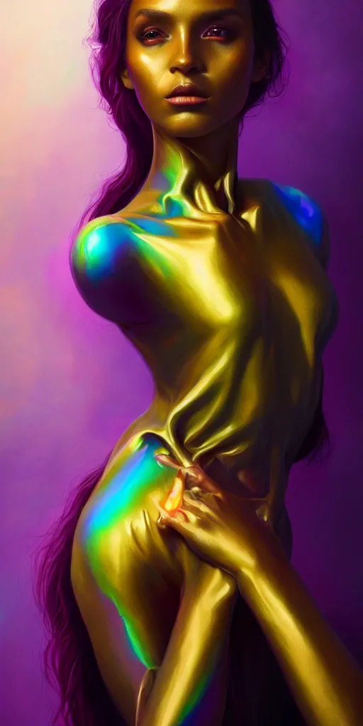 Image similar to 👾👗🛸🌈🧛🏾♀, phantom, dreary, dramatic, fluid, iridescent, golden ratio, artstation, moebius + loish + wlop, hd, oil painting, hyper realistic,