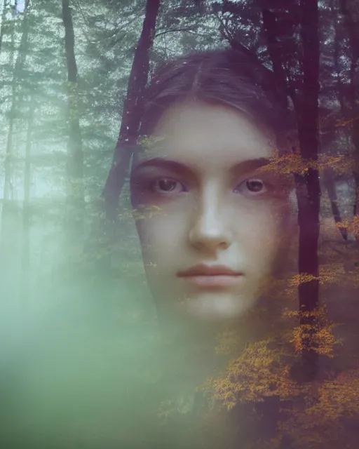 Prompt: a double exposure of a beautiful extreme close up side view portrait of a mystical young woman looking down!!, with a landscape photo of an autumn misty morning forest, forest trail, lake, dappled light, sun rays, green and brown tones