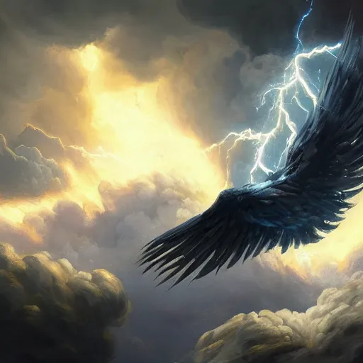 Image similar to an epic painting of Zeus flying on a lighting in thunderclouds by Diego Gisbert Llorens, Zeus flying on a lighting, epic painting, masterpiece, hyperdetailed, artstation, cgsociety, 8k