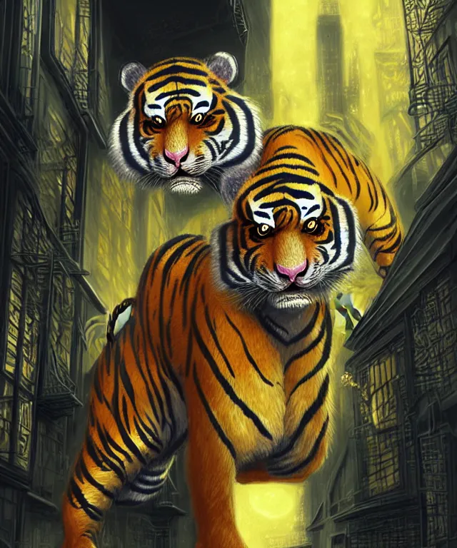 Prompt: anthropomorphic female Tiger, irish origin, sci-fi, bright blue eyes, face, black and yellow hair, fantasy, LSD Dream Emulator, intricate, elegant, new york alleyway, moonlit, highly detailed, digital painting, artstation, concept art, smooth, sharp focus, illustration, art by artgerm and greg rutkowski and alphonse mucha