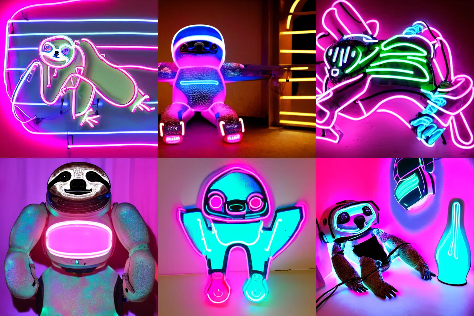 Prompt: a cybernetically enhanced sloth lit in pink and blue neon