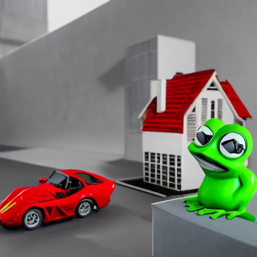 Image similar to architectural model + pepe the frog + ferrari, studio lighting, low contrast, single building, arsitektur nusantara, dynamic lighting, 1 0 0 0 0 mm,, depth detailed