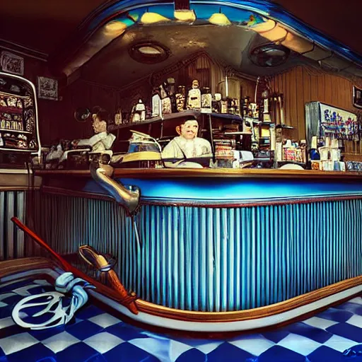 Image similar to inside an old fashioned ice cream parlor. a leaking case of melting ice cream cases is behind the bar. the leak has made a puddle on the floor, and the puddle is reminiscent to the shape of werewolf fangs. there is an eerie voluminous blue electric glow. digital art, ultrarealistic, cinematic, autochrome