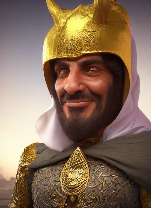 Image similar to portrait of sheikh mohammad ruler of dubai, drak fantasy goblin, head and torso only, cinematic lighting, studio quality, smooth render, unreal engine 5 rendered, octane rendered, art style by klimt and nixeu and ian sprigger and wlop and krenz cushart.