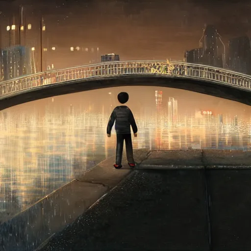 Prompt: a lonely boy on a city bridge looking to the river at night, digital painting, masterpiece, digital art, hyperrealistic, concept art, octane render, unreal engine 5, trending on deviantart, sad atmosphere, centered, anatomically correct, oil painting, high contrast, serene scenery, loneliness, path traced, dark night, paul lehr, 2 d