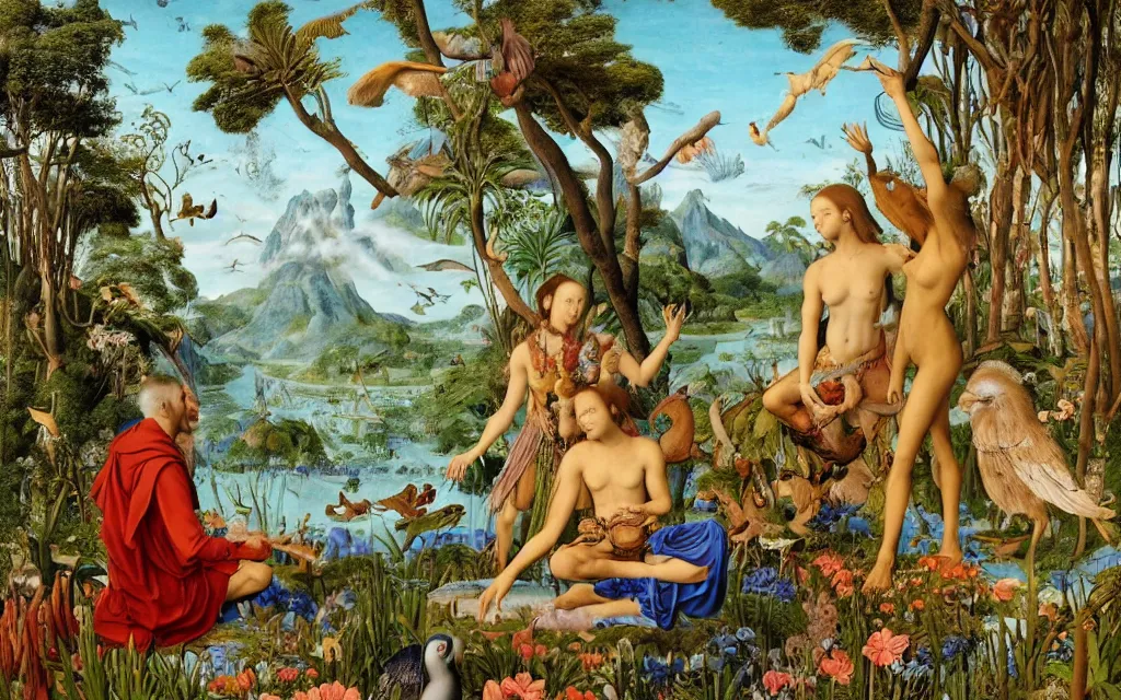 Image similar to a portrait photograph of a meditating harpy and a centaur king feeding tropical animals at a wide river delta. surrounded by bulbous flowers, animals and trees. mountain range under a vast blue sky of burning stars. painted by jan van eyck, max ernst, ernst haeckel and artgerm, cgsociety, artstation, fashion editorial