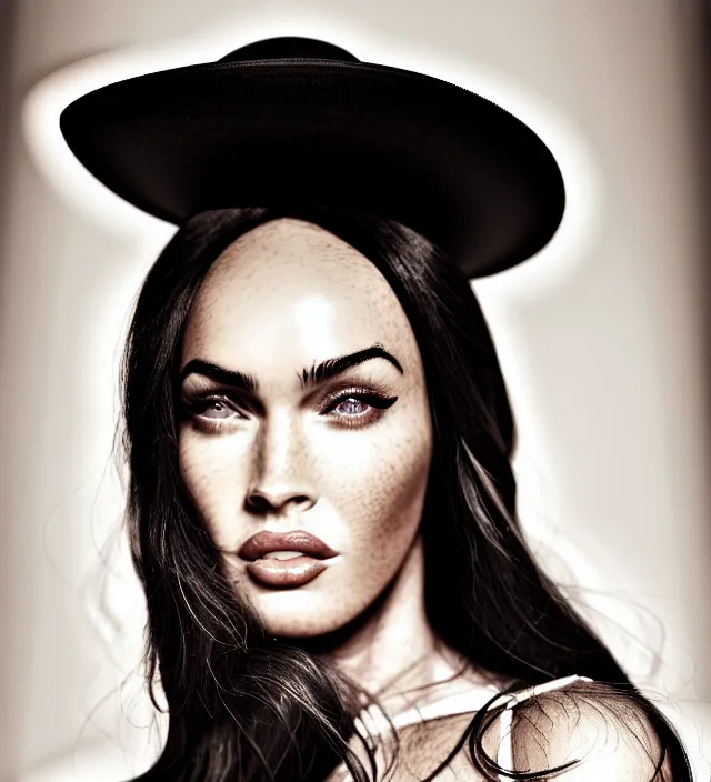 Prompt: photography facial portrait of megan fox, natural background, natural pose, wearing a stunning hat by iris van herpen, with a subtle colorfull - makeup. highly detailed, skin grain detail, photography by paolo roversi, nick knight, helmut newton, avedon, araki