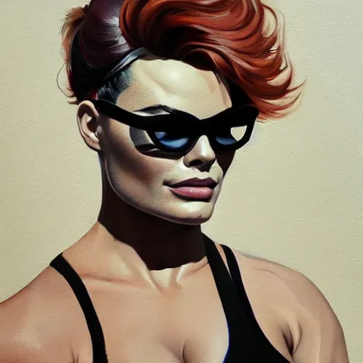 Prompt: greg manchess portrait of margot robbie as thick muscular weightlifter zarya from overwatch with ponytail and short hair wearing dark sunglasses, medium shot, asymmetrical, profile picture, organic painting, sunny day, matte painting, bold shapes, hard edges, street art, trending on artstation, by huang guangjian and gil elvgren and sachin teng