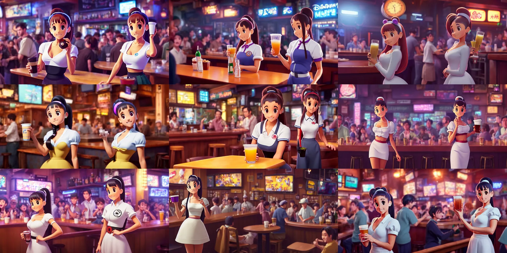 Image similar to a wholesome animation key shot of ariana grande as a waitress carrying drinks in a crowded downtown bar, medium shot, waist up, studio ghibli, pixar and disney animation, sharp, rendered in unreal engine 5, anime key art by greg rutkowski, bloom, dramatic lighting