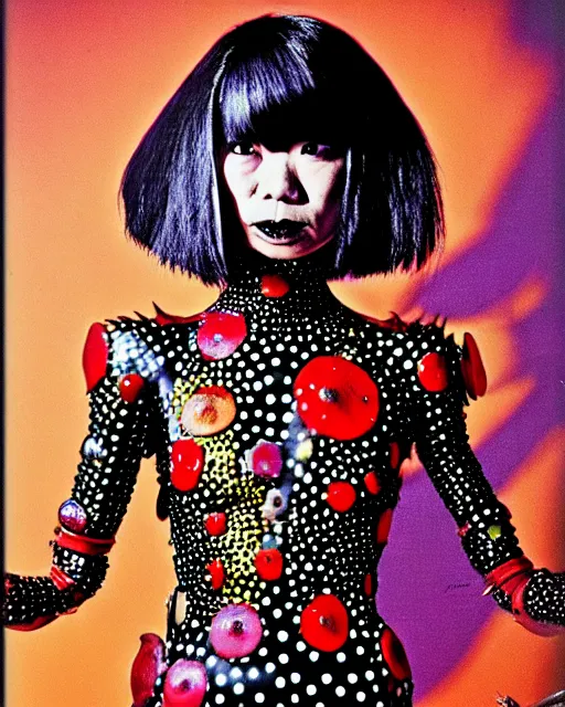 Image similar to portrait of a skinny punk goth yayoi kusama wearing armor by simon bisley, john blance, frank frazetta, fantasy, thief warrior, floral flowers colorful