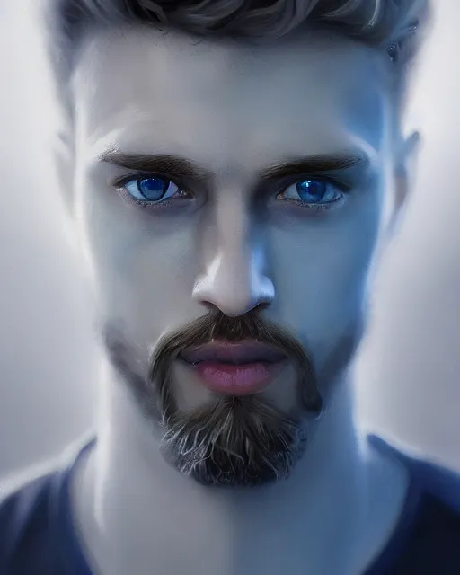 Prompt: portrait of a man in his mid - twenties with dull blue eyes, curly blond hair, short goatee, ultra realistic, epic, highly detailed, hd, sharp focus, cinematic lighting, realistic, dreamy, vivid colors, dreary, morose, matt painting, digital art, non blurry, sharp, artstation, concept art, smooth, illustration