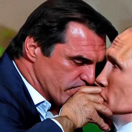 Prompt: vladimir putin kissing jair bolsonaro, very detailed