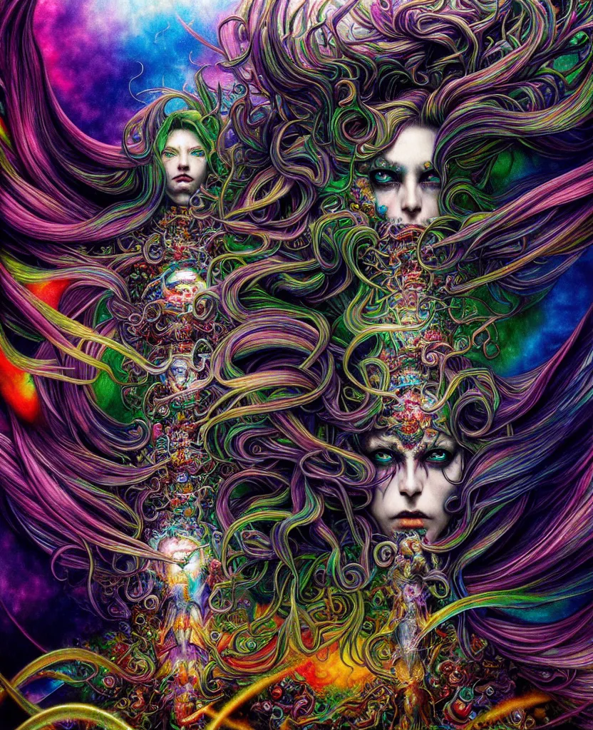 Image similar to realistic detailed image of rainbow iridescent mega god of chaos, depth perception, depth of field, action horror by lisa frank, ayami, karol bak, neo - gothic, gothic, rich deep colors, part by adrian ghenie and gerhard richter. art by yoshitaka amano. masterpiece