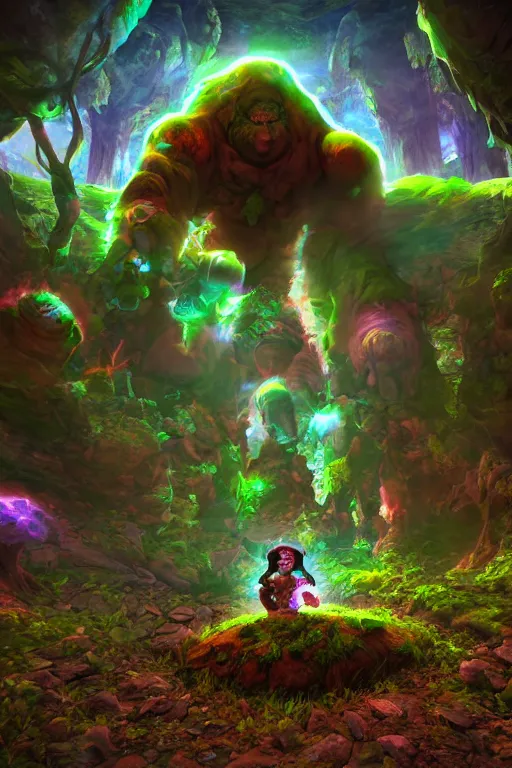 Image similar to arcane fantasy art giant golem elemental wood rock bastion forged gemstone enchanted forest troll, global illumination ray tracing hdr fanart arstation by sung choi and eric pfeiffer and gabriel garza and casper konefal lisa frank zbrush central hardmesh radiating a glowing aura