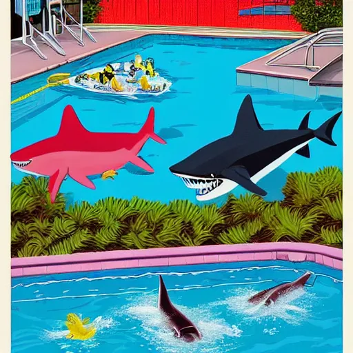 Prompt: sharks in a pool with a family outside during a cook out, in the style of ron english, in the secondary style of matt bors, by david wojnarowicz, shock art, poster art, 8 k concept art, trending on behance