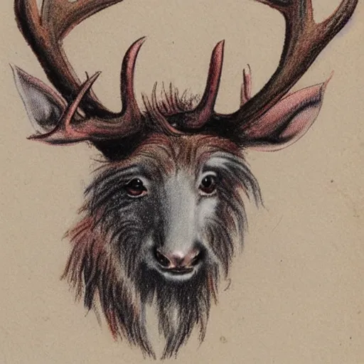 Image similar to professional vintage colored sketch of a fuzzy creature with antlers with full descriptions, on parchment, 8K, HD