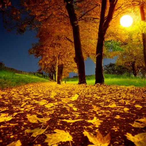 Prompt: Autumn night, Full moon,, path surrounded by trees with yellow leafs, beautiful