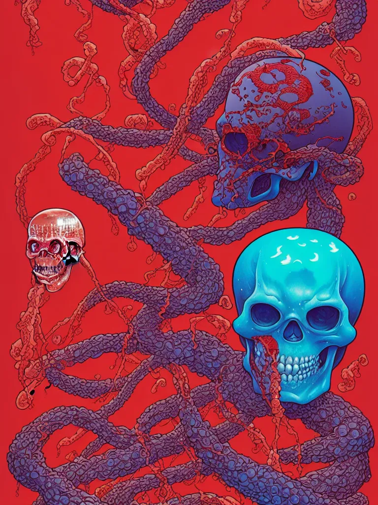 Prompt: a glowing red skull in the sea caught by a jellyfish by josan gonzalez and dan mumford and albrecht anker and miho hirano and ross tran and chiho aoshima, highly detailed, high contrast, pop art, comic shading