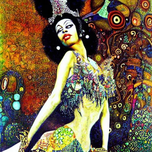 Image similar to josephine baker in alice in wonderland tripping on lsd, intricate detail, painting, klimt, royo, frazetta, whealan,