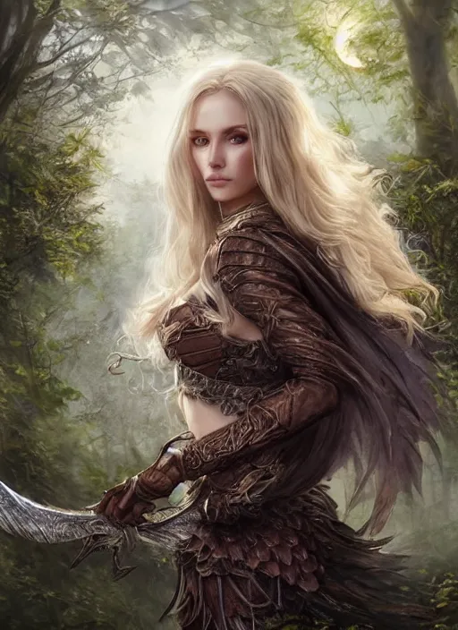 Prompt: a ruthless beautiful woman fae, 8 k, perfect body long hair hyperrealistic, dragon slayer, sharp focus, hyperdetailed, high fantasy forest moon fantasy portrait by laura sava