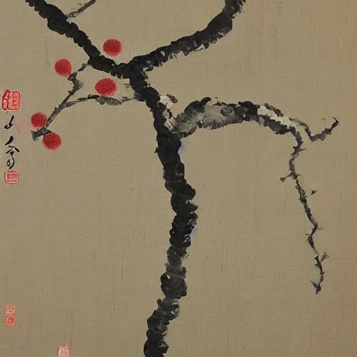 Prompt: japanese painting of plum tree by kano sanraku