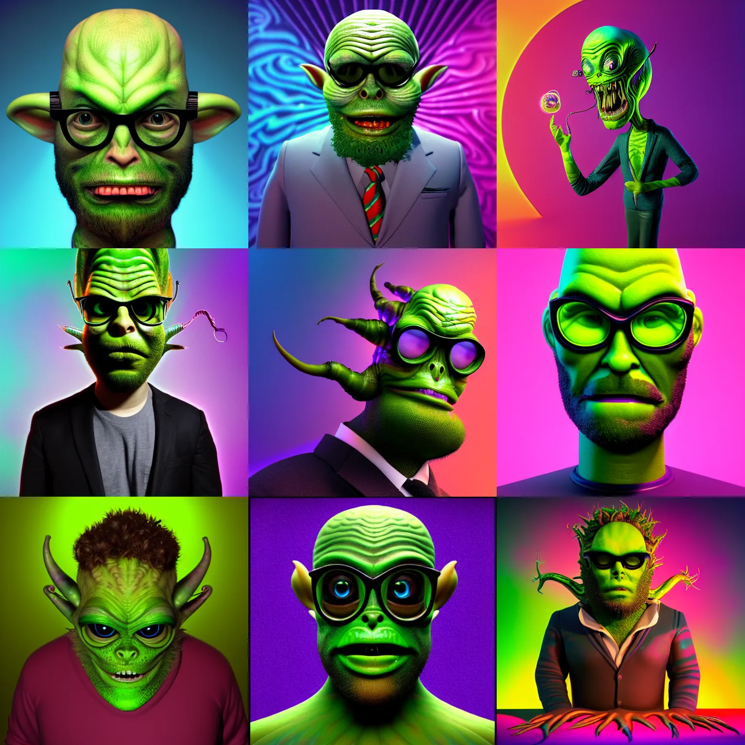 Prompt: a beautiful and intricate 3 d render of seth rogen poorly disguised as an extra - terrestrial alien weedpunk in the style of the movie men in black ( 1 9 9 7 ) and lisa frank, escher, junji ito, detailed, cinematic, studio lighting, magic realism, artstationhq, unreal engine 5, volumetric fog, volumetric light