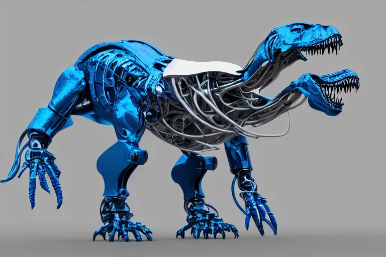 Prompt: futuristic metal cybernetic!! t - rex!!! white blue grey, octane render, studio light,