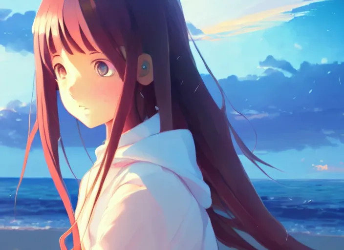 Image similar to portrait of cute girl, sunset sky in background, beach landscape, illustration concept art anime key visual trending pixiv fanbox by wlop and greg rutkowski and makoto shinkai and studio ghibli and kyoto animation, futuristic wheelchair, symmetrical facial features, future clothing, backlit