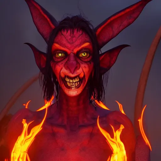 Prompt: a frightening, enraged elf with violet skin reflecting a fiery scene, a scarred face, a bob haircut, and bushy eyebrows, grinning, with hell aflame behind them, in the style of gary frank and rafael albuqurque, rendered in unreal engine