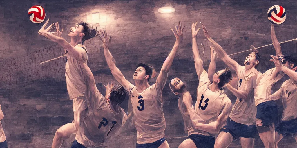 Prompt: < men college team > playing < volleyball >, beautiful dramatic lighting, detailed facial anatomy, 4 k post - processing, trending in art station, cg society, highly detailed, 5 k extremely detailed, 3 d, cinematic scene, sharp image, by < james jean >, by < sport illustrated >